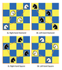 Figure 2: Any chessboard quadrant can be filled with 16 knights arranged in four shapes: 2a is the right-hand diamond, 2b the left-hand diamond, 2c the right-hand square, and 2d the left-hand square.