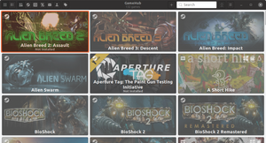 Figure 1: GameHub integrates games from the major games platforms (Steam, GOG, and Humble, as well as manually installed games) in a clear-cut interface.