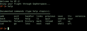 Figure 1: A list of the available commands for the VF-1 Gopher client.