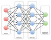 Figure 1: An example of a neural network with two inner layers. The (red) input neurons are activated to reflect the input. All subsequent layers each calculate their consequent activation based on the learned parameters. The result can be seen in the activation of the (green) output neurons.