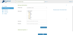 Figure 1: In Duplicati, you first need to specify the target and then the source of the backup. To define the Storage Type you can expand the list of supported protocols and services.