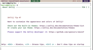 Figure 1: The Zellij welcome screen. Note the handy context-aware toolbar on the bottom that lists all the applicable keybindings.